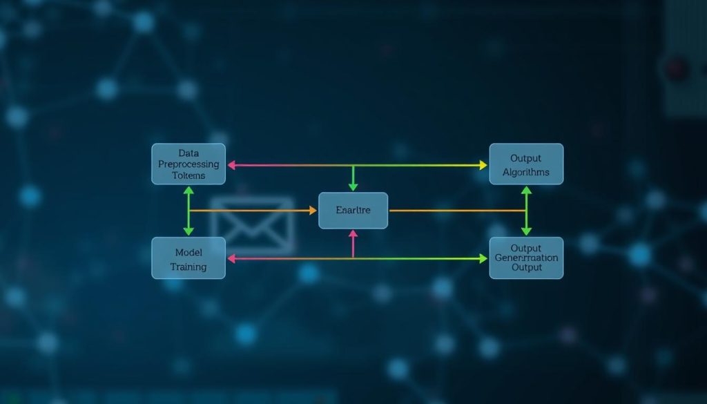 A clear and detailed workflow diagram depicting natural language processing software for AI email generation. In the foreground, showcase interconnected components labeled with visual symbols representing data preprocessing, tokenization, model training, algorithms, and output generation. The middle layer should feature vibrant arrows demonstrating the flow of data through these stages, using distinct colors to delineate each process. In the background, include subtle abstract shapes or gradients representing the digital environment of AI technology. Utilize soft, focused lighting to enhance clarity with a slight overhead perspective. The overall mood should convey a sense of innovation and sophistication, suitable for a technical article. Ensure there are no text elements or annotations present. A clear and detailed workflow diagram depicting natural language processing software for AI email generation. In the foreground, showcase interconnected components labeled with visual symbols representing data preprocessing, tokenization, model training, algorithms, and output generation. The middle layer should feature vibrant arrows demonstrating the flow of data through these stages, using distinct colors to delineate each process. In the background, include subtle abstract shapes or gradients representing the digital environment of AI technology. Utilize soft, focused lighting to enhance clarity with a slight overhead perspective. The overall mood should convey a sense of innovation and sophistication, suitable for a technical article. Ensure there are no text elements or annotations present.