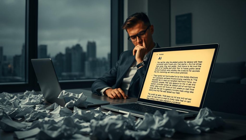 A dimly lit modern office setting, featuring a desk cluttered with crumpled papers representing failed email drafts. In the foreground, a sleek laptop with a glowing screen shows an AI email interface, but the words appear jumbled and disorganized, symbolizing the limitations of AI in writing. A thoughtful office worker in professional attire, frustrated yet contemplative, sits beside the desk, staring at the screen. In the middle ground, a window reveals a gloomy cityscape, echoing the mood of struggle and challenges. Soft, focused lighting casts shadows that enhance the atmosphere of tension and contemplation. The angle is slightly above eye level, capturing both the worker’s expression and the chaos of the desk, emphasizing the hurdles faced in AI-assisted communication.