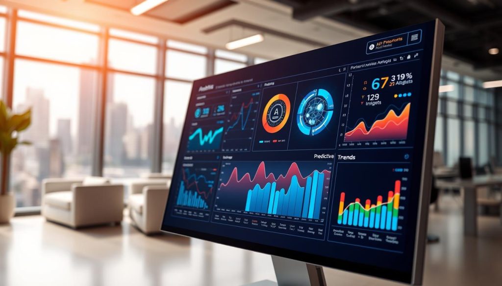 A futuristic email automation dashboard displaying advanced analytics and predictive trends. In the foreground, a sleek touchscreen interface filled with colorful graphs, charts, and metrics showcasing email performance and AI insights. The middle layer features abstract digital elements such as glowing data streams and icons representing AI technology and automation. The background is a modern office setting with soft ambient lighting, large windows revealing a city skyline, and minimalistic furniture. The overall atmosphere is professional and innovative, evoking a sense of progress and technological advancement. The camera angle is slightly zoomed in, focusing on the dashboard, with a shallow depth of field blurring the background for emphasis.
