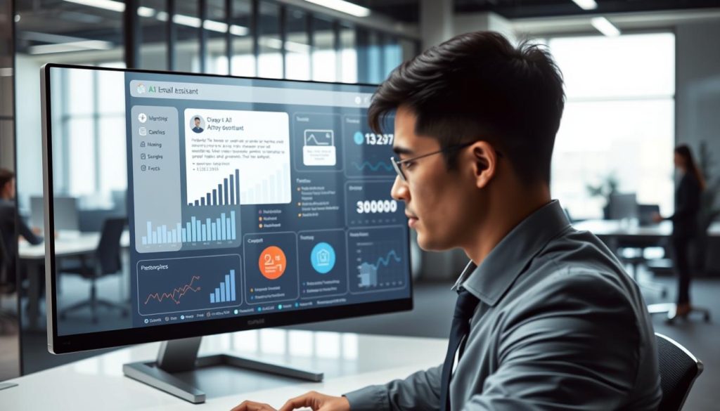 A futuristic office environment showcasing an AI email assistant on a sleek computer screen. In the foreground, a professional individual in business attire is engaged in a focused interaction with the AI interface, demonstrating an automated email generation process. The middle ground features a digital dashboard displaying graphs and icons representing various business platforms like calendars, CRM systems, and project management tools, all seamlessly integrated with the AI assistant. The background reveals a modern office space with glass walls, stylish furniture, and soft natural light streaming through the windows, creating a productive atmosphere. The overall mood is innovative and efficient, emphasizing the harmony between technology and business productivity. Soft shadows and a slight depth of field create a polished look, enhancing the futuristic feel of the scene.