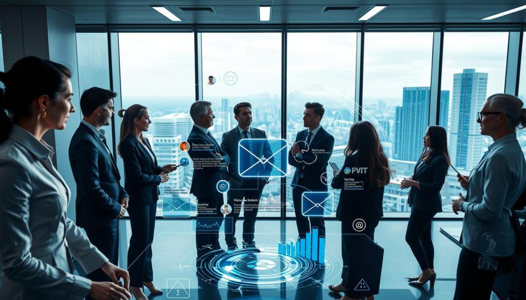 A futuristic office environment showcasing the transformation of communication careers with AI technology. In the foreground, a diverse group of professionals in business attire collaborates around a sleek, holographic interface displaying AI-generated emails and analytics. In the middle, advanced AI tools like virtual assistants and real-time translation services are visually represented, enhancing productivity and creativity. The background features large windows with a panoramic view of a modern city, symbolizing innovation and future opportunities. Soft, ambient lighting enhances the atmosphere, while a slight lens flare creates a sense of optimism and advancement in the workplace. The overall mood is dynamic, forward-looking, and collaborative, reflecting the evolving role of email writers. A futuristic office environment showcasing the transformation of communication careers with AI technology. In the foreground, a diverse group of professionals in business attire collaborates around a sleek, holographic interface displaying AI-generated emails and analytics. In the middle, advanced AI tools like virtual assistants and real-time translation services are visually represented, enhancing productivity and creativity. The background features large windows with a panoramic view of a modern city, symbolizing innovation and future opportunities. Soft, ambient lighting enhances the atmosphere, while a slight lens flare creates a sense of optimism and advancement in the workplace. The overall mood is dynamic, forward-looking, and collaborative, reflecting the evolving role of email writers.