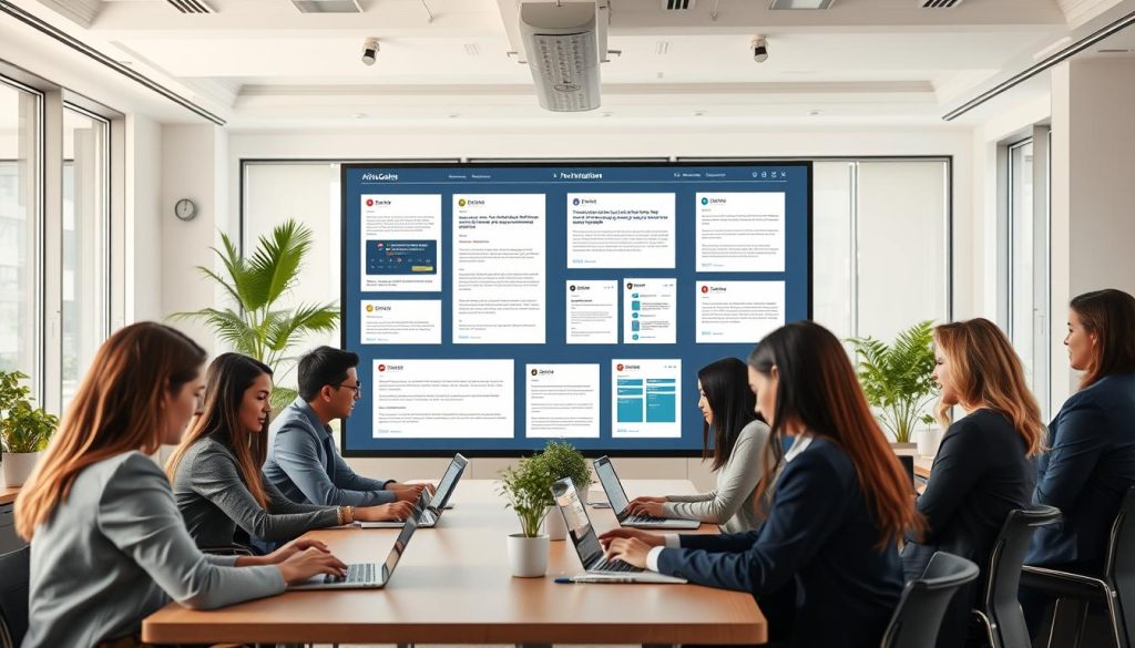 A modern and sleek workspace featuring an AI interface displayed on a large screen, showcasing various email templates for business communication. The foreground shows a diverse group of professionals, dressed in smart business attire, collaborating around a table with laptops open, reviewing email drafts. In the middle, the screen features visual cues of different email types, like formal invitations, follow-ups, and newsletters, each rendered with clean layouts. The background captures a bright, well-lit office environment with large windows, plants, and minimalistic decor, creating a focus on innovation and productivity. The scene conveys an atmosphere of professionalism and collaborative energy, with soft, natural lighting emphasizing the productive mood.