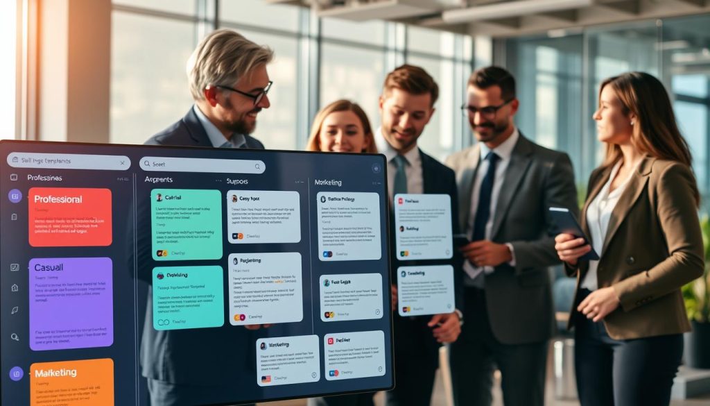 A modern business communication dashboard displaying various email templates designed for AI email writing applications. In the foreground, a sleek, interactive interface showcases colorful email templates categorized by purpose, such as professional, casual, and marketing. In the middle ground, a diverse group of professionals dressed in business attire collaborate over the dashboard, engaged in discussion, with expressions of focus and creativity. The background features a contemporary office setting with soft, diffused morning light filtering through large windows, casting gentle shadows. Use a wide-angle lens to capture the vibrant, productive atmosphere, highlighting the innovative use of AI in streamlining business communication. The overall mood is dynamic and inspiring, emphasizing technology's role in enhancing professional interactions.