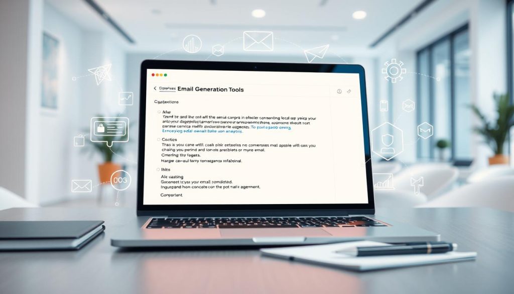 A modern digital workspace showcasing AI email generation tools. In the foreground, display an open laptop with a vibrant screen showing a sleek email interface filled with suggestions and features like auto-complete, tone adjusting, and language translation options. Include a stylish notepad and pen next to the laptop, indicating a professional environment. In the middle, illustrate symbols and icons representing AI capabilities, such as neural networks and data analytics, subtly integrated around the laptop. The background features a clean, well-lit office with soft blue and white tones, enhancing a technology-driven atmosphere. Use a focused lens effect to emphasize the laptop and maintain a bright, optimistic mood throughout the scene. A modern digital workspace showcasing AI email generation tools. In the foreground, display an open laptop with a vibrant screen showing a sleek email interface filled with suggestions and features like auto-complete, tone adjusting, and language translation options. Include a stylish notepad and pen next to the laptop, indicating a professional environment. In the middle, illustrate symbols and icons representing AI capabilities, such as neural networks and data analytics, subtly integrated around the laptop. The background features a clean, well-lit office with soft blue and white tones, enhancing a technology-driven atmosphere. Use a focused lens effect to emphasize the laptop and maintain a bright, optimistic mood throughout the scene.