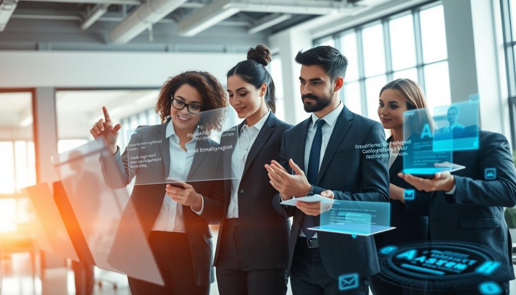 A modern office environment depicting AI-human collaboration in the email workflow. In the foreground, a diverse group of professionals in business attire are analyzing email drafts on a sleek, digital interface that displays AI-generated suggestions. One person gestures towards the screen, while another notes down insights on a notepad. In the middle ground, advanced AI elements, like holographic text and a floating digital assistant, enhance the scene, showcasing the integration of technology. The background reveals a bright, open office space with large windows, natural light streaming in. The atmosphere conveys productivity and innovation, with a soft-focus effect to emphasize the collaboration theme. This composition captures the synergy between human creativity and AI efficiency in email writing tasks. A modern office environment depicting AI-human collaboration in the email workflow. In the foreground, a diverse group of professionals in business attire are analyzing email drafts on a sleek, digital interface that displays AI-generated suggestions. One person gestures towards the screen, while another notes down insights on a notepad. In the middle ground, advanced AI elements, like holographic text and a floating digital assistant, enhance the scene, showcasing the integration of technology. The background reveals a bright, open office space with large windows, natural light streaming in. The atmosphere conveys productivity and innovation, with a soft-focus effect to emphasize the collaboration theme. This composition captures the synergy between human creativity and AI efficiency in email writing tasks.