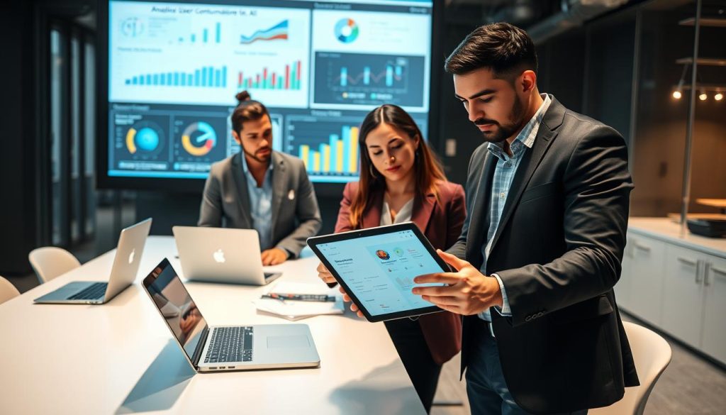 A modern office environment featuring a diverse group of three professionals engaged in a discussion about conversational AI user feedback systems. In the foreground, a woman in a smart blazer and a man in a collared shirt are analyzing a digital tablet displaying user feedback data. The middle ground shows a sleek conference table with laptops and open notebooks, while a large screen in the background displays vibrant graphs and analysis of AI performance metrics. The lighting is bright and focused, enhancing the tech-savvy atmosphere. The perspective is slightly above eye level to capture the intensity of their collaboration. The mood is dynamic and innovative, reflecting the evolving landscape of AI communication. The setting should convey a professional yet approachable ambiance. A modern office environment featuring a diverse group of three professionals engaged in a discussion about conversational AI user feedback systems. In the foreground, a woman in a smart blazer and a man in a collared shirt are analyzing a digital tablet displaying user feedback data. The middle ground shows a sleek conference table with laptops and open notebooks, while a large screen in the background displays vibrant graphs and analysis of AI performance metrics. The lighting is bright and focused, enhancing the tech-savvy atmosphere. The perspective is slightly above eye level to capture the intensity of their collaboration. The mood is dynamic and innovative, reflecting the evolving landscape of AI communication. The setting should convey a professional yet approachable ambiance.