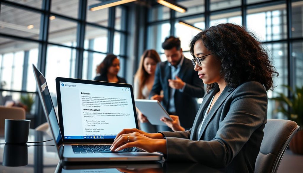 A modern office environment featuring diverse professionals engaged in business correspondence. In the foreground, a focused businesswoman in professional attire is typing on a sleek laptop, her screen displaying an AI writing assistant interface. In the middle, a diverse group of colleagues, including an Asian man and a Black woman, are collaborating at a conference table, reviewing an AI-generated email on a tablet. The background reveals a contemporary office setting with large windows allowing natural light to flood in, illuminating the space with a warm glow. The atmosphere is dynamic and collaborative, reflecting the rise of AI in business communication. The image is shot from a slightly elevated angle, capturing the essence of teamwork and innovation in a professional context. A modern office environment featuring diverse professionals engaged in business correspondence. In the foreground, a focused businesswoman in professional attire is typing on a sleek laptop, her screen displaying an AI writing assistant interface. In the middle, a diverse group of colleagues, including an Asian man and a Black woman, are collaborating at a conference table, reviewing an AI-generated email on a tablet. The background reveals a contemporary office setting with large windows allowing natural light to flood in, illuminating the space with a warm glow. The atmosphere is dynamic and collaborative, reflecting the rise of AI in business communication. The image is shot from a slightly elevated angle, capturing the essence of teamwork and innovation in a professional context.