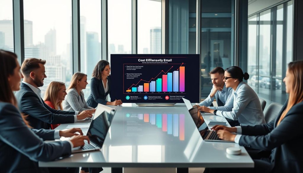 A modern office environment showcases professionals engaged in productive communication enhanced by AI technology. In the foreground, a diverse group of individuals in professional business attire collaborates around a sleek conference table, with laptops and digital tablets displaying AI-driven email interfaces. The middle ground features a large digital screen depicting a dynamic infographic illustrating cost-effectiveness and efficiency, with vibrant colors and clear graphics. The background consists of floor-to-ceiling windows letting in natural light, overlooking a bustling cityscape, conveying a sense of upward momentum and innovation. Soft, ambient lighting enhances the professional atmosphere while maintaining focus on the collaboration and technology. The overall mood is optimistic, showcasing the benefits of AI as an essential tool for business communication and productivity. A modern office environment showcases professionals engaged in productive communication enhanced by AI technology. In the foreground, a diverse group of individuals in professional business attire collaborates around a sleek conference table, with laptops and digital tablets displaying AI-driven email interfaces. The middle ground features a large digital screen depicting a dynamic infographic illustrating cost-effectiveness and efficiency, with vibrant colors and clear graphics. The background consists of floor-to-ceiling windows letting in natural light, overlooking a bustling cityscape, conveying a sense of upward momentum and innovation. Soft, ambient lighting enhances the professional atmosphere while maintaining focus on the collaboration and technology. The overall mood is optimistic, showcasing the benefits of AI as an essential tool for business communication and productivity.