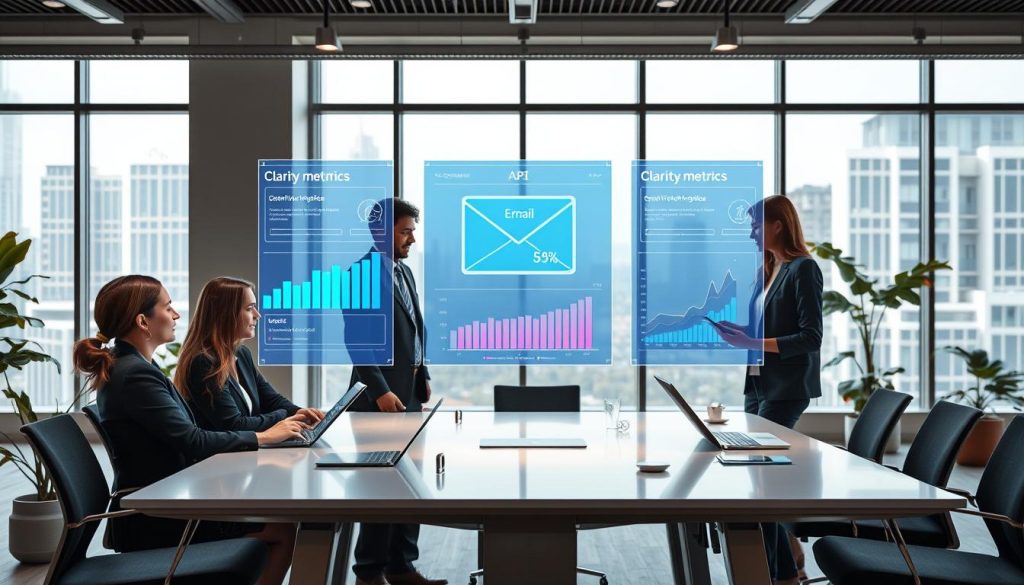 A modern office environment showcasing communication optimization through AI. In the foreground, a diverse group of professionals in business attire collaborates around a sleek table with digital devices displaying graphs and charts. In the middle, holographic displays project email analytics and clarity metrics in vibrant colors, illustrating the impact of AI on written communication. The background features large windows allowing natural light to flood the space, enhancing the atmosphere of innovation and productivity. The setting is clean and organized, with a futuristic design that includes minimalistic furnishings and greenery. The overall mood is focused and optimistic, emphasizing the transformative power of AI in achieving clear, effective communication in the workplace.