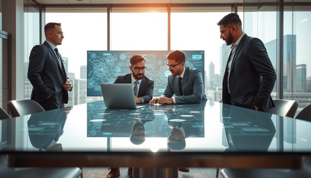 A modern office environment showcasing natural language processing for email optimization. In the foreground, a professional, diverse group of three individuals—two men and one woman—are engaged in a collaborative discussion around a sleek, glass conference table. They are dressed in smart business attire, analyzing data displayed on a laptop. The middle layer features a large digital screen behind them, illustrating intricate algorithms and visualizations related to AI and language processing, glowing softly. In the background, large windows reveal a bright, sunny city skyline, fostering an atmosphere of productivity and innovation. The lighting is bright but warm, creating a welcoming ambiance. Capture this scene with a slightly angled perspective to emphasize depth and engagement, enhancing the overall professional mood.