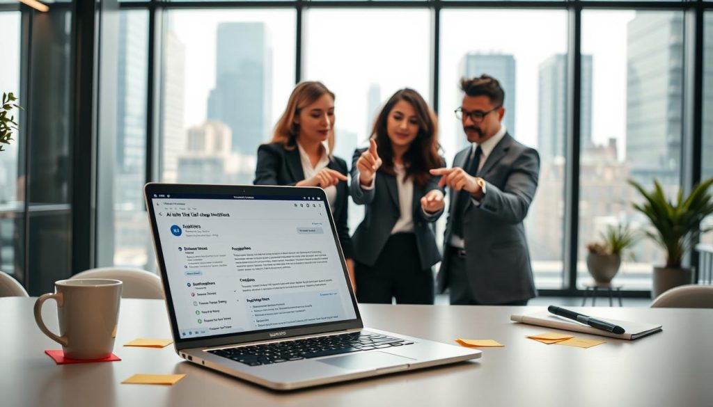 A modern office environment showcasing the integration of AI email writing tools within business applications. In the foreground, a sleek laptop displays an AI email composing interface filled with suggestions and analytics, surrounded by sticky notes and a coffee cup. The middle ground features a diverse group of professionals—two women and a man—dressed in smart business attire, engaged in a discussion while pointing at the laptop screen. In the background, a bright, well-lit office with large windows reveals a cityscape, emphasizing a productive atmosphere. Soft, natural lighting filters through the glass, creating a sense of innovation and collaboration. The overall mood is dynamic and forward-looking, highlighting the real-world application and accuracy of AI in business communication.