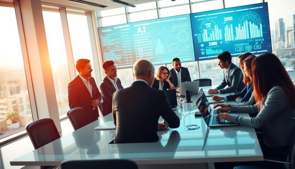 A modern office environment showcasing workforce automation and professional skill development in AI communication. In the foreground, diverse professionals in business attire collaborate around a sleek, high-tech conference table filled with laptops and digital devices, engaging in a brainstorming session about AI tools. The middle ground features large screens displaying complex data visualizations and AI algorithms, highlighting automation processes. In the background, floor-to-ceiling windows reveal a bright urban landscape, symbolizing growth and opportunity. Soft, natural lighting filters through the room, creating an inspiring and professional atmosphere. The angle is slightly elevated, capturing the dynamic interactions and advanced technology in a harmonious, forward-thinking workplace.