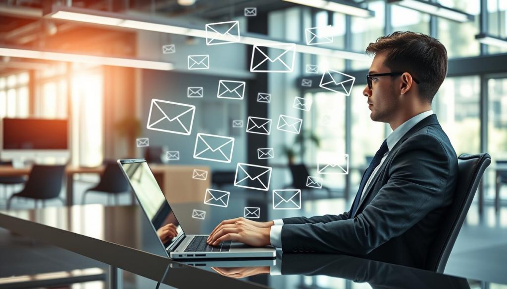 A modern office environment, with a professional individual in a business suit seated at a sleek desk, intently using an AI-powered writing assistant on their laptop to personalize email communication. The foreground features a close-up of the laptop screen displaying advanced AI algorithms suggesting tailored phrases and sentiments. In the middle ground, a digital projection of interconnected emails flows around the individual, symbolizing personalized communication. The background showcases an open workspace with bright, natural lighting filtering through large windows, enhancing the productive atmosphere. The overall mood is innovative and focused, illustrating the seamless integration of AI in improving email clarity and personalization.