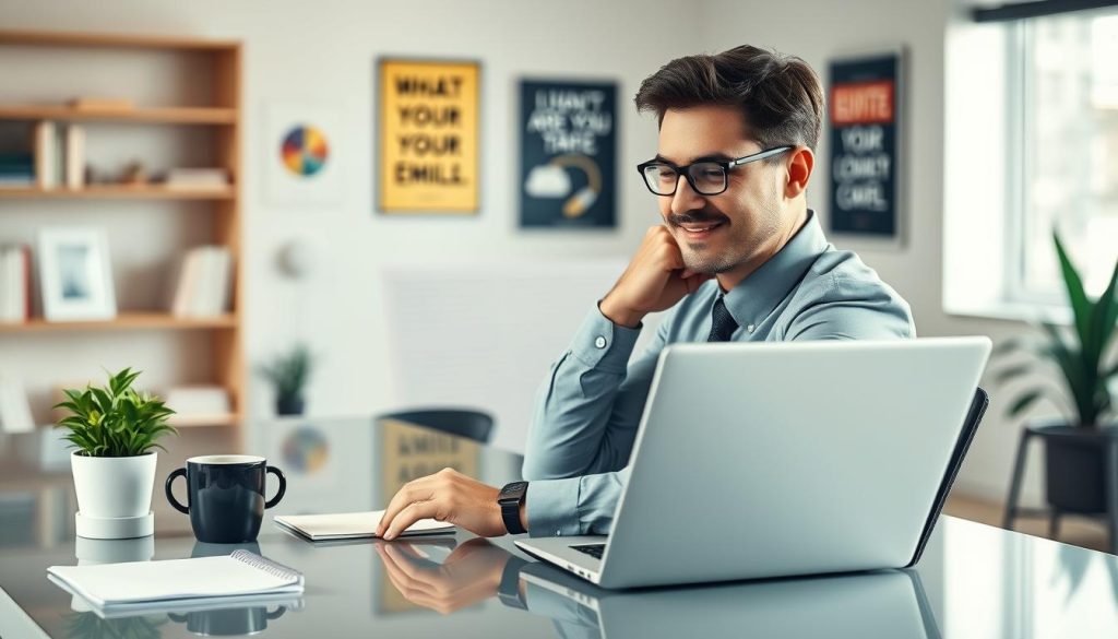 A modern office scene depicting a professional individual in business attire seated at a sleek desk, looking relieved as they engage with an AI email productivity software on their laptop. The foreground features a well-organized workspace with a notepad, a coffee cup, and a potted plant, symbolizing a creative environment. In the middle, the laptop screen displays a user-friendly interface with suggestions and prompts for composing emails, depicting the software's assistance in overcoming writer's block. The background shows soft, natural lighting illuminating the room, with blurred bookshelves and motivational posters, creating a focused yet inspiring atmosphere. The overall mood is one of productivity and relief, showcasing the beneficial collaboration between humans and AI. A modern office scene depicting a professional individual in business attire seated at a sleek desk, looking relieved as they engage with an AI email productivity software on their laptop. The foreground features a well-organized workspace with a notepad, a coffee cup, and a potted plant, symbolizing a creative environment. In the middle, the laptop screen displays a user-friendly interface with suggestions and prompts for composing emails, depicting the software's assistance in overcoming writer's block. The background shows soft, natural lighting illuminating the room, with blurred bookshelves and motivational posters, creating a focused yet inspiring atmosphere. The overall mood is one of productivity and relief, showcasing the beneficial collaboration between humans and AI.