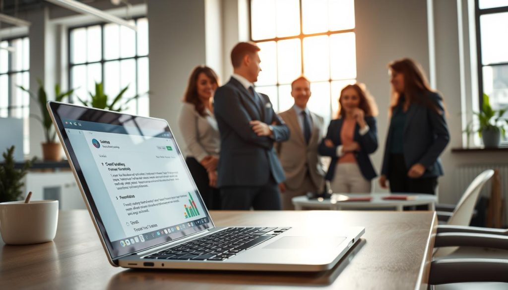 A modern office setting showcasing the efficiency of AI in email communication. In the foreground, a laptop displays a visually appealing email draft enhanced by colorful graphs indicating improved productivity and response times. In the middle ground, a diverse group of professionals in business attire, engaged in a collaborative conversation, appear fascinated by the AI interface on the screen. The background features large windows with natural light flooding in, plants on the windowsill, and minimalist decor, creating a clean and professional atmosphere. The lighting is bright and warm, emphasizing a sense of innovation and teamwork. The scene captures the essence of modern communication, highlighting the seamless integration of AI technology into daily business tasks. A modern office setting showcasing the efficiency of AI in email communication. In the foreground, a laptop displays a visually appealing email draft enhanced by colorful graphs indicating improved productivity and response times. In the middle ground, a diverse group of professionals in business attire, engaged in a collaborative conversation, appear fascinated by the AI interface on the screen. The background features large windows with natural light flooding in, plants on the windowsill, and minimalist decor, creating a clean and professional atmosphere. The lighting is bright and warm, emphasizing a sense of innovation and teamwork. The scene captures the essence of modern communication, highlighting the seamless integration of AI technology into daily business tasks.