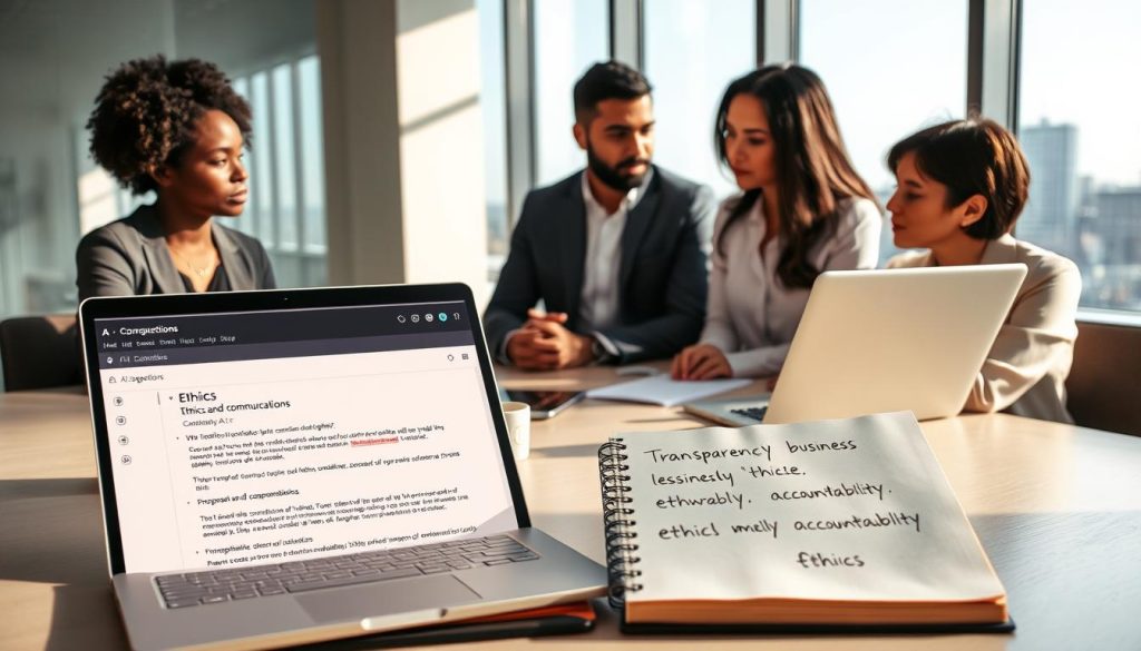 A modern office setting with a diverse group of three professionals, including a Black woman, a Caucasian man, and an Asian woman, engaged in a thoughtful discussion around a large table. Foreground: a laptop displaying an email interface with AI suggestions highlighting ethical considerations. Middle: an open notebook with notes on AI ethics and communications, with ethical keywords like "transparency" and "accountability" visible. Background: a window showing a city skyline, implying a bustling business environment. Soft, natural lighting illuminates the scene, casting gentle shadows. The atmosphere is serious yet collaborative, highlighting the importance of ethics in AI-driven business communications. A modern office setting with a diverse group of three professionals, including a Black woman, a Caucasian man, and an Asian woman, engaged in a thoughtful discussion around a large table. Foreground: a laptop displaying an email interface with AI suggestions highlighting ethical considerations. Middle: an open notebook with notes on AI ethics and communications, with ethical keywords like "transparency" and "accountability" visible. Background: a window showing a city skyline, implying a bustling business environment. Soft, natural lighting illuminates the scene, casting gentle shadows. The atmosphere is serious yet collaborative, highlighting the importance of ethics in AI-driven business communications.