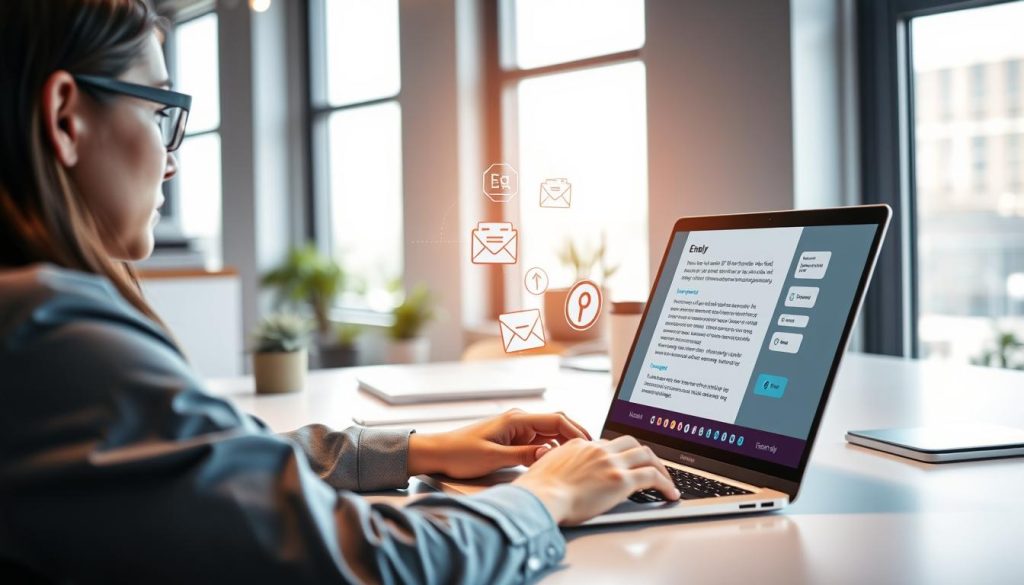 A modern office setting with a person sitting at a sleek, minimalist desk, focused on a laptop screen displaying a vibrant interface of AI grammar correction technology. In the foreground, the individual, dressed in professional attire, is intently typing an email, their facial expression reflecting concentration. In the middle ground, visually appealing icons and graphics representing improved email clarity—such as clear text, highlighted grammar corrections, and organized layout—emanate from the laptop screen. In the background, soft daylight filters through large windows, illuminating an organized workspace with potted plants and stationery, creating a calm and productive atmosphere. The overall mood is one of efficiency and innovation, capturing the cutting-edge essence of AI enhancing communication clarity.