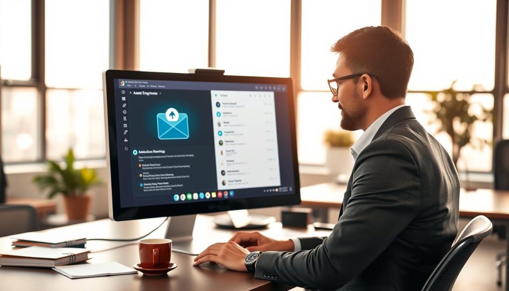 A modern office setting with a sleek desktop computer displaying an AI-driven email application interface. In the foreground, a focused professional wearing business attire is engaged in using the tool, exuding a sense of productivity and concentration. The middle ground features an organized workspace with a few scattered notepads and a coffee cup, symbolizing a blend of traditional and digital workflows. In the background, large windows let in soft, natural light, casting a warm and inviting glow that enhances the atmosphere of innovation and efficiency. The overall mood is one of motivation and clarity, capturing the essence of how AI tools streamline email processes and enhance productivity in a contemporary work environment.