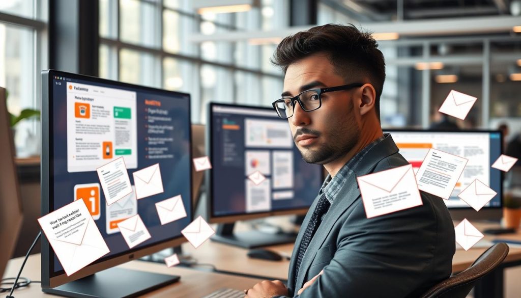 A modern office setting with sleek computers displaying various email automation tools, showcasing vibrant screens filled with different types of business emails like newsletters, promotional offers, and personalized responses. In the foreground, a professional in business attire is intently observing the screens, a thoughtful expression highlighting the versatility of AI in crafting emails. The middle ground includes illustrations of email templates floating around in a digital format, symbolizing the diversity of generated content. The background features a bright, airy office with large windows letting in natural light, creating an atmosphere of innovation and productivity. Use a wide-angle lens to capture the entire scene, ensuring a balanced composition that reflects the excitement of technology in business communication. A modern office setting with sleek computers displaying various email automation tools, showcasing vibrant screens filled with different types of business emails like newsletters, promotional offers, and personalized responses. In the foreground, a professional in business attire is intently observing the screens, a thoughtful expression highlighting the versatility of AI in crafting emails. The middle ground includes illustrations of email templates floating around in a digital format, symbolizing the diversity of generated content. The background features a bright, airy office with large windows letting in natural light, creating an atmosphere of innovation and productivity. Use a wide-angle lens to capture the entire scene, ensuring a balanced composition that reflects the excitement of technology in business communication.
