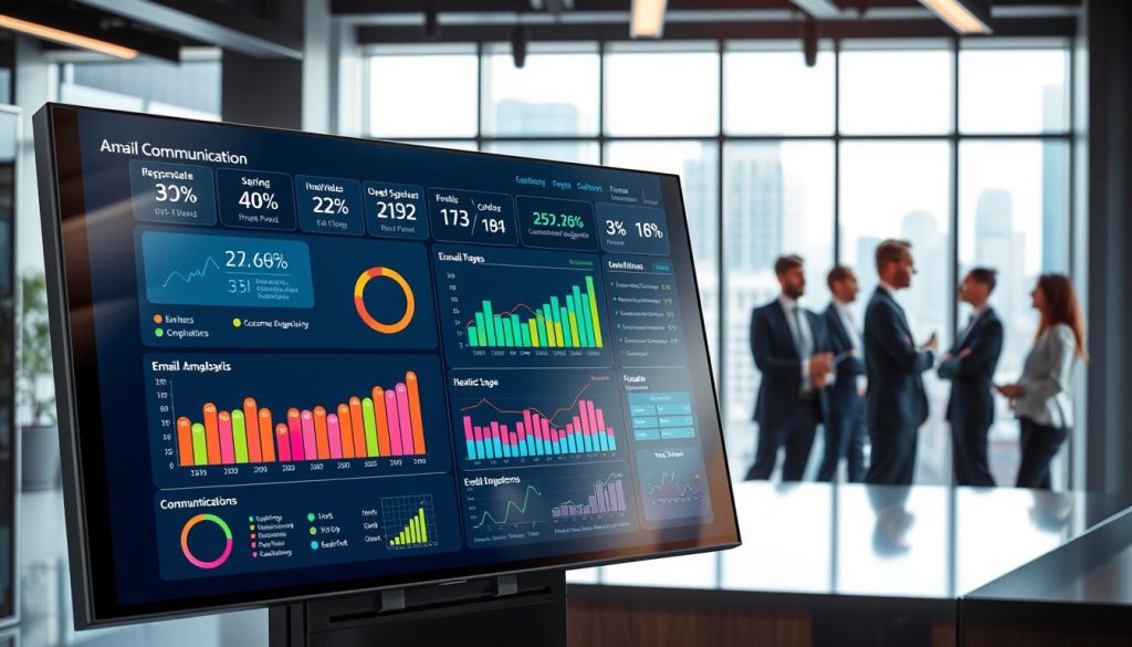 A modern office space showcasing a high-tech dashboard displaying AI analytics for business communication results. In the foreground, a sleek, interactive touchscreen with colorful graphs, charts, and metrics related to email performance, showcasing metrics like open rates, response rates, and customer engagement. The middle ground features a diverse group of professionals in business attire, engaged in discussion while analyzing the data together. The background has large windows, letting in natural light, with a view of a cityscape that adds depth to the scene. The overall atmosphere is one of collaboration and innovation, with a focus on technology enhancing business communication. The lighting is bright and welcoming, emphasizing a productive work environment. The image should convey a sense of forward-thinking and effective communication strategy.