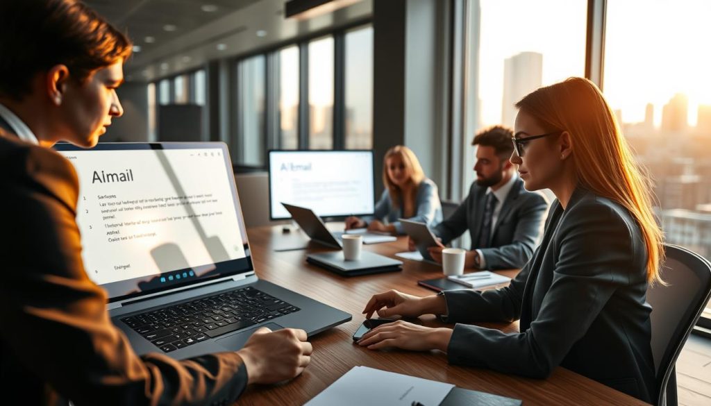 A modern office workspace featuring a diverse group of professionals engaged in a meeting, focusing on an AI email assistant displayed on a sleek laptop screen. In the foreground, a woman in business attire, with a thoughtful expression, analyzes an email draft, while the laptop glow reflects on her face. The middle section shows a well-organized wooden conference table with digital devices, notepads, and coffee cups, symbolizing productivity. In the background, large windows reveal a city skyline bathed in warm afternoon sunlight, enhancing the atmosphere of professionalism and collaboration. The scene is bright and inviting, emphasizing the transformative role of AI in enhancing communication. The lens captures a slightly elevated angle, offering a comprehensive view of the interaction and the AI interface, fostering a sense of innovation and efficiency.