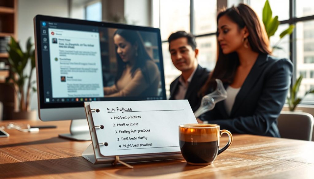 A modern office workspace featuring a sleek computer screen displaying an AI-driven email composition interface. In the foreground, a diverse group of three professionals—one Black woman, one Asian man, and one Hispanic woman—collaborate intently, dressed in smart business attire. The middle layer includes a notepad filled with bullet points listing email best practices, like personalization and clarity, artistically placed beside a steaming cup of coffee. The background showcases a large window with natural light streaming in, illuminating the room, and a potted plant that adds a touch of greenery. The atmosphere is productive and innovative, evoking a sense of collaboration and technology-enhanced communication, with soft shadows and a warm color palette enhancing the inviting feel of the office.