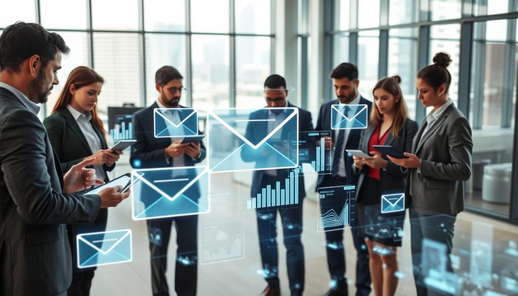 A modern, open office space with glass walls reflecting natural light. In the foreground, a diverse group of professionals in smart business attire are engaged in a vibrant discussion, analyzing data on digital tablets and laptops. The middle ground features holographic displays of AI generated emails, dynamically transforming into visual graphs and charts, demonstrating communication efficiency. In the background, large windows reveal a city skyline, symbolizing the broader reach of AI in business. The atmosphere is innovative and collaborative, with a tech-savvy vibe. Soft, diffused lighting enhances the scene, creating a professional yet inviting environment. The angle is slightly elevated to capture the interaction between the people and the AI tools, emphasizing their impact on communication.