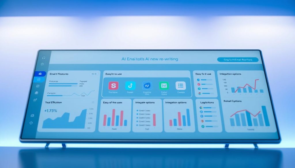 A modern, sleek dashboard displaying a comparison of popular AI email rewriting tools. In the foreground, interactive charts and graphs showcase various features like effectiveness, ease of use, and integration options. The middle section features icons representing different tools, each adorned with vibrant colors to differentiate them. The background is a subtle blend of blue and white, promoting a clean, tech-savvy atmosphere. Soft ambient lighting illuminates the dashboard, creating a professional and engaging feel. The perspective is slightly angled from above, emphasizing the layout and interactivity of the dashboard elements. No people or text elements are present, ensuring a clear focus on the visual comparison of the AI tools.