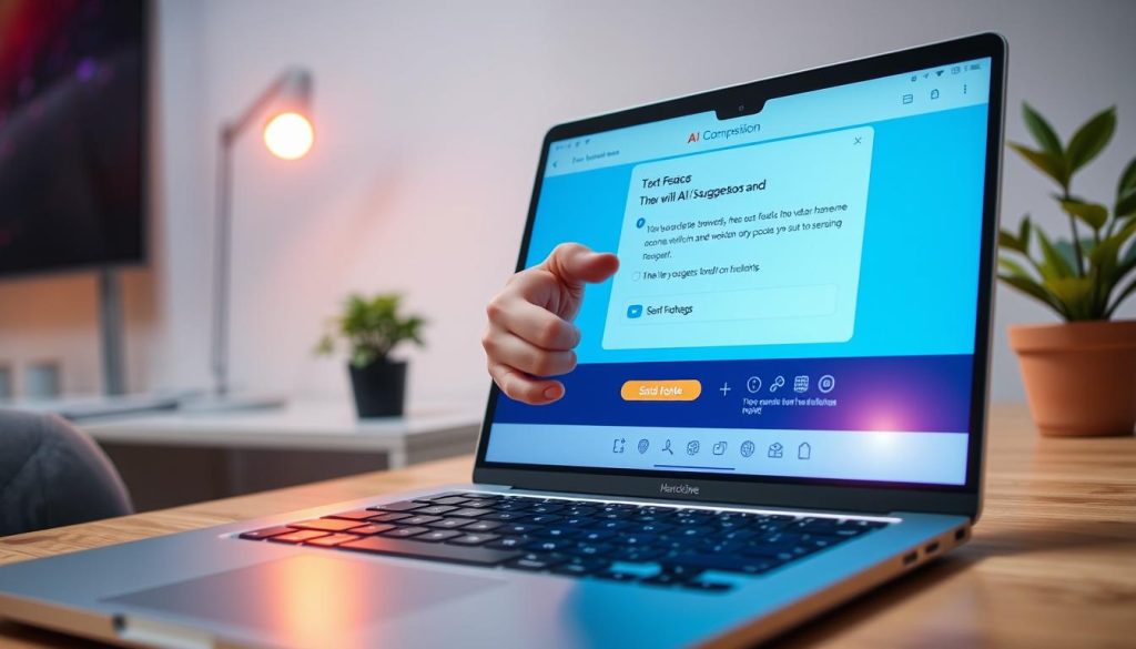 A modern user interface for an AI email composition tool, prominently displayed on a sleek laptop screen. In the foreground, the laptop keyboard is slightly blurred, emphasizing the vibrant UI on the screen. The interface features various key elements like a text box, AI suggestion dropdowns, and a “Send” button, all following a clean, user-friendly design. In the middle ground, soft ambient lighting casts a professional glow, while a hand in smart casual attire hovers near the laptop, suggesting engagement. The background showcases a well-organized workspace with a potted plant and a minimalistic desk setup. The atmosphere is innovative and focused, with a slight lens flare creating a dynamic feel to the scene. The overall mood exudes productivity and modern technology.