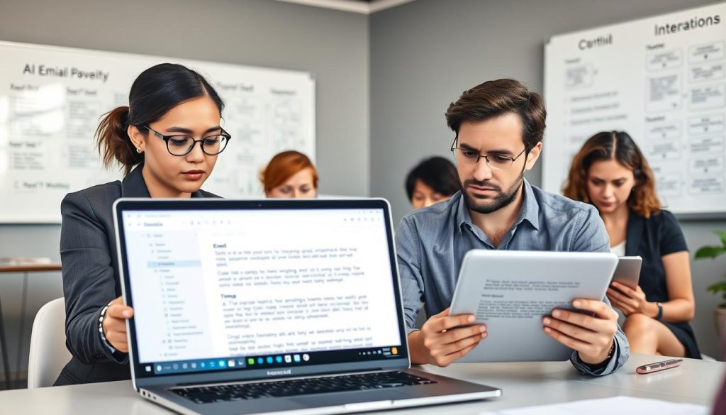 A professional and modern office environment featuring a diverse group of individuals engaged in an email writing workshop. In the foreground, a focused woman in business attire taps on her laptop, displaying an intricate email interface filled with challenging language processing elements like grammar checks and tone analysis. In the middle, a man in smart casual clothing reviews an email on a tablet, his thoughtful expression hinting at the complexities of conveying emotion through text. The background shows a whiteboard filled with flowcharts and notes highlighting the challenges of AI communication. Soft, natural lighting illuminates the scene, creating an atmosphere of collaboration and innovation. The image captures the essence of the struggles in achieving human-like AI in email communication, making it visually engaging and relevant to the topic. A professional and modern office environment featuring a diverse group of individuals engaged in an email writing workshop. In the foreground, a focused woman in business attire taps on her laptop, displaying an intricate email interface filled with challenging language processing elements like grammar checks and tone analysis. In the middle, a man in smart casual clothing reviews an email on a tablet, his thoughtful expression hinting at the complexities of conveying emotion through text. The background shows a whiteboard filled with flowcharts and notes highlighting the challenges of AI communication. Soft, natural lighting illuminates the scene, creating an atmosphere of collaboration and innovation. The image captures the essence of the struggles in achieving human-like AI in email communication, making it visually engaging and relevant to the topic.