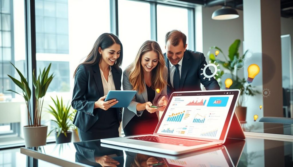 A professional, modern office environment showcasing the benefits of email marketing through AI efficiency. In the foreground, a diverse group of three business professionals, two women and one man, dressed in smart business attire, collaborate over a digital tablet displaying vibrant email marketing statistics and graphs. In the middle, a sleek desktop with an open email marketing tool, enhanced by visual AI elements like floating gears and lightbulbs, symbolizing innovation and efficiency. The background features a large window with natural light flooding in, along with potted plants for a fresh atmosphere. The overall mood is dynamic and inspiring, emphasizing the transformative power of AI in marketing. Use bright and engaging colors to convey enthusiasm and professionalism. A professional, modern office environment showcasing the benefits of email marketing through AI efficiency. In the foreground, a diverse group of three business professionals, two women and one man, dressed in smart business attire, collaborate over a digital tablet displaying vibrant email marketing statistics and graphs. In the middle, a sleek desktop with an open email marketing tool, enhanced by visual AI elements like floating gears and lightbulbs, symbolizing innovation and efficiency. The background features a large window with natural light flooding in, along with potted plants for a fresh atmosphere. The overall mood is dynamic and inspiring, emphasizing the transformative power of AI in marketing. Use bright and engaging colors to convey enthusiasm and professionalism.