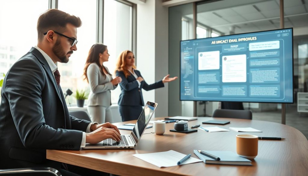 A professional office environment featuring a diverse group of business professionals collaborating on AI email writing techniques. In the foreground, a focused man in a tailored suit types on a laptop, while a woman beside him gestures towards an interactive digital screen displaying visual data on email improvement. In the middle, a modern conference table is cluttered with notepads, pens, and a coffee cup, creating a dynamic workspace atmosphere. The background showcases a contemporary office with large windows allowing ample natural light, casting soft shadows. The mood is collaborative and innovative, emphasizing teamwork and technology. Use a wide-angle lens to capture the entire scene, ensuring clarity and detail.