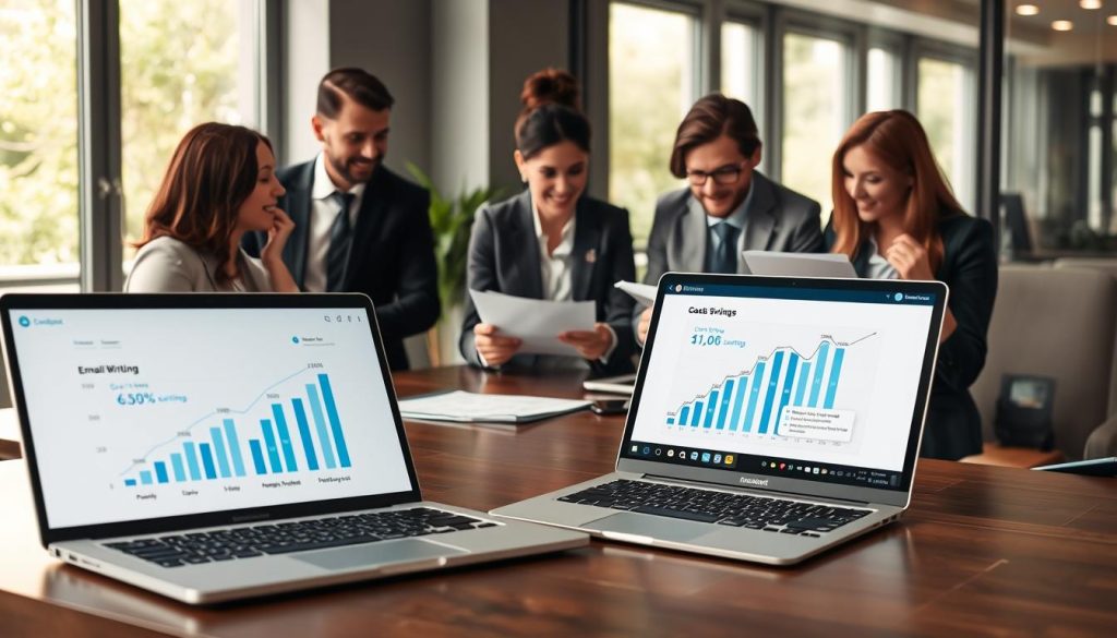 A professional office setting with a diverse group of business people actively collaborating around a modern conference table. In the foreground, show a sleek laptop displaying an AI email writing interface, with graphs showcasing cost savings and efficiency rising on the screen. The middle ground features engaged professionals in smart business attire, analyzing documents and discussing ideas, with expressions of excitement and focus. In the background, large windows allow natural light to flood the room, casting a warm and productive atmosphere. Use a wide-angle lens to capture the dynamic environment, showcasing a blend of technology and teamwork, emphasizing the cost-effectiveness benefits of AI in email writing for companies.