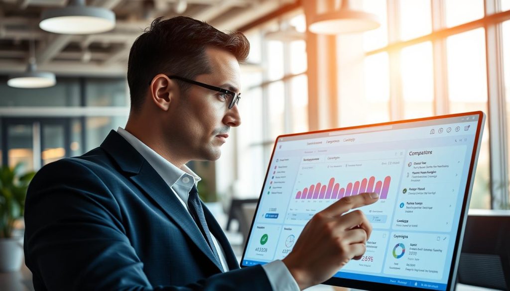 A sleek AI-powered email writing tools interface dashboard displayed prominently in the foreground. The dashboard features vibrant graphs, analytics, and a user-friendly layout showcasing email suggestions and composition tools. In the middle, a professional businessman in smart attire is engaged with the interface, focusing on the screen, with a look of concentration. The background is a modern office space with soft, natural lighting filtering through large windows, illuminating the workspace. The atmosphere is dynamic yet calm, reflecting a blend of technology and professionalism. The entire scene is captured from a slightly angled perspective, giving depth to the dashboard while highlighting the setting's contemporary design.