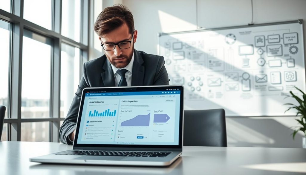 A sleek and modern office environment featuring a professional businessperson in smart business attire, focused intently on a laptop screen. The foreground includes a close-up of the laptop displaying an automated email interface, showcasing dynamic graphs and AI-driven suggestions. In the middle ground, a whiteboard filled with flowcharts and diagrams related to email automation solutions adds context. The background reveals bright, natural light streaming through large windows, casting soft shadows to create an inviting atmosphere. The overall mood is one of productivity and innovation, with a clean and organized aesthetic that emphasizes cutting-edge technology in business communication. Use a wide-angle lens to capture the depth and details of the workspace, creating an engaging visual narrative.