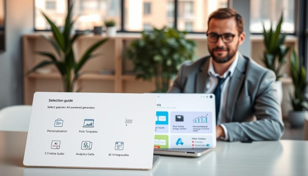 A sleek and modern workspace featuring a professional business person dressed in smart casual attire, sitting at a desk with a laptop open to an AI-powered email generator interface. The foreground includes a selection guide with illustrated icons representing different features such as personalization, templates, and analytics. In the middle, a vibrant display of various AI email tools appears in a visually appealing layout, showcasing their benefits. The background highlights a softly lit office with plant decor and a window revealing a cityscape, creating a productive atmosphere. Use soft, natural lighting to enhance the focus on the selection guide, with a slight depth of field effect to emphasize the tools in the middle while keeping the environment inviting and warm. The overall mood should convey professionalism and innovation.