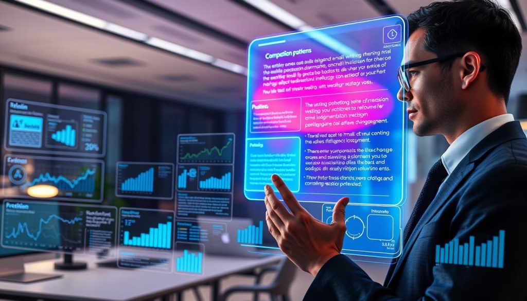 A sleek, futuristic workspace designed for artificial intelligence writing, featuring a glowing holographic display of email composition patterns in vibrant colors. In the foreground, a professional, focused individual in smart business attire interacts with the hologram, analyzing various precision factors such as grammar checks, tone adjustments, and contextual understanding. The middle ground showcases an array of digital analytics graphs and infographics illustrating key metrics influencing AI writing accuracy, with an emphasis on clarity and organization. The background reveals a modern office environment, bathed in soft, ambient lighting that adds a relaxed yet productive atmosphere. The angle is slightly elevated, giving a dynamic and engaging perspective as if the viewer is part of the scene, aiming to evoke curiosity and a sense of innovative exploration.