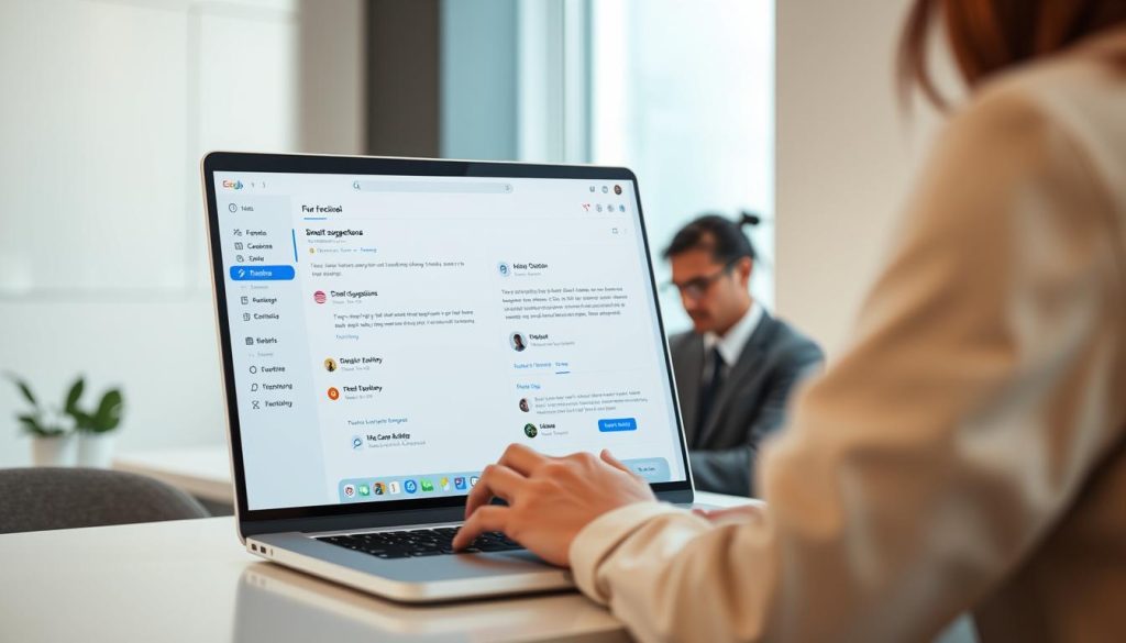 A sleek, modern AI email assistant software interface displayed on a high-resolution laptop screen. The foreground features a clean, user-friendly layout showcasing features like smart suggestions and personalized templates. In the middle ground, a professional businessperson in smart attire types on the laptop, focusing intently on the screen. The background subtly includes a minimalist office environment with soft, diffused lighting from a window, creating a productive atmosphere. The color scheme is soft and inviting, with shades of blue and white dominating the interface, suggesting efficiency and clarity. The composition captures a blend of technology and professionalism, emphasizing the role of AI in enhancing email communication.