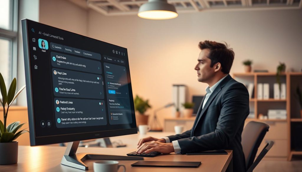 A sleek, modern AI email composition tools interface dashboard displayed on a high-resolution monitor in a bright, well-lit office environment. The foreground features an interactive interface showing email drafts, suggested subject lines, and a friendly AI assistant icon. In the middle, a professional individual in business attire is engaged with the interface, looking thoughtfully at the screen while typing. The background reveals an organized workspace with subtle touches like a potted plant and a coffee mug, creating a productive atmosphere. The lighting is warm and inviting, complementing the overall mood of innovation and efficiency. The angle is slightly tilted down to focus on the screen while maintaining visibility of the workspace.
