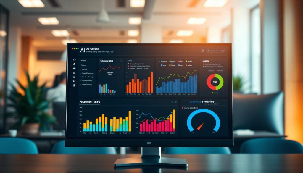 A sleek, modern dashboard displaying various AI email tools and their effectiveness in enhancing productivity improvements. In the foreground, feature colorful, dynamic charts and graphs that represent metrics such as increased email response rates and reduced drafting time, all set against a dark-themed background. The middle layer should include a professional-looking computer monitor with a futuristic design, showcasing the dashboard interface filled with analytics. In the background, create a soft-focus office space ambiance with warm, diffused lighting. Emphasize a mood of innovation and efficiency. The scene is devoid of any text or watermarks, focusing solely on the technology's impact on email writing productivity. A sleek, modern dashboard displaying various AI email tools and their effectiveness in enhancing productivity improvements. In the foreground, feature colorful, dynamic charts and graphs that represent metrics such as increased email response rates and reduced drafting time, all set against a dark-themed background. The middle layer should include a professional-looking computer monitor with a futuristic design, showcasing the dashboard interface filled with analytics. In the background, create a soft-focus office space ambiance with warm, diffused lighting. Emphasize a mood of innovation and efficiency. The scene is devoid of any text or watermarks, focusing solely on the technology's impact on email writing productivity.