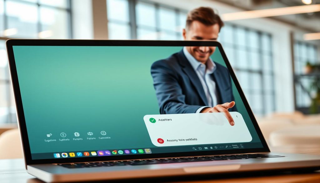 A sleek, modern interface for AI-powered email composition features displayed on a laptop screen. In the foreground, the laptop is open, showcasing vibrant colors and intuitive icons like suggestion buttons and personalization options. The middle layer features a professional person in business attire, engaged and focused, with a slight smile as they interact with the interface, using a touchpad. The background is a bright, contemporary office space with large windows letting in natural light, adding a warm glow to the scene. The overall mood is innovative and productive, highlighting the seamless integration of technology in professional communication, with an emphasis on clarity and user-friendliness. The image captures a sense of advancement in business practices through AI support.