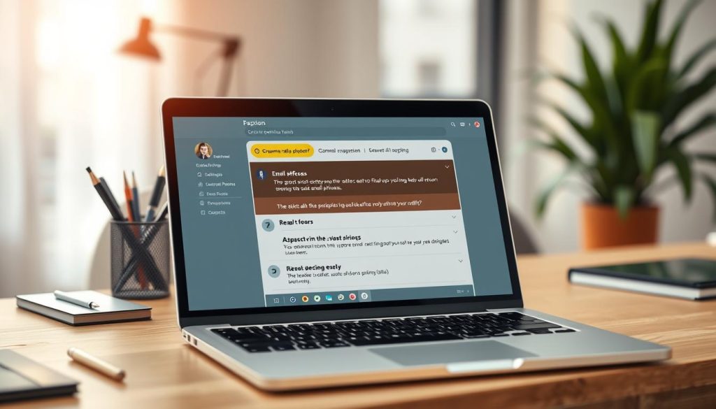 A sleek, modern interface of an AI email optimization tool displayed on a laptop screen, with vivid graphics showing a grammar checking feature in action. In the foreground, the laptop rests on a clean, minimalist wooden desk with office supplies neatly arranged. The middle section features a close-up view of the interface highlighting suggestions for rewriting email phrases, with vibrant color-coded corrections. The background is a softly blurred office setting with warm lighting, creating an inviting productivity atmosphere. The overall mood reflects professionalism and efficiency, demonstrating the power of AI in enhancing email communication. High-resolution, sharp focus on the laptop screen, capturing the details of user interactions with the software.