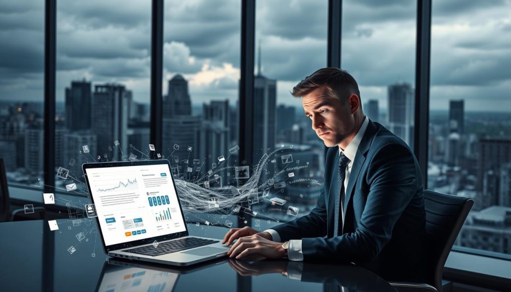 A sleek, modern office environment highlighting the complexities of AI-generated email communication. In the foreground, a professional in smart business attire sits at a desk, looking puzzled as they analyze a glowing laptop screen displaying complicated graphs and digital metrics representing inaccuracies in AI-generated emails. The middle layer features an abstract representation of digital text and graphics swirling around the laptop, symbolizing the confusion and limitations of AI. In the background, large windows reveal a bustling cityscape under moody, overcast skies, enhancing an atmosphere of urgency and concern. Soft lighting illuminates the scene, casting subtle shadows that emphasize the tensions between technology and human oversight. The mood is thoughtful and serious, invoking a focus on the reliability of AI in critical communication.