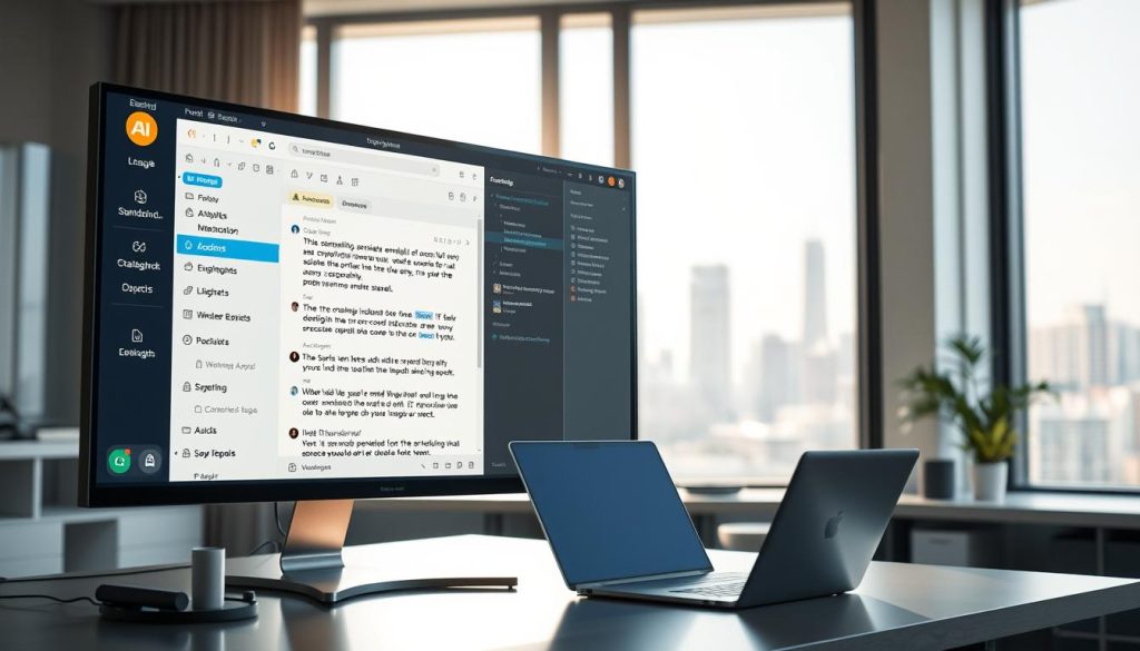 A sleek, modern technology interface showcasing an automated email writing tool. In the foreground, a large computer monitor displays a sophisticated user interface with intuitive design elements such as dropdown menus and suggestion boxes, featuring an email draft filled with smart suggestions and keywords highlighted. The middle ground features a well-lit workspace with a minimalist desk, a laptop, and a few neatly arranged office supplies, indicating a professional environment. In the background, a window reveals a city skyline in soft focus, with daylight streaming in, creating a bright and optimistic atmosphere. The overall mood is innovative and engaging, emphasizing the integration of AI in daily communication tasks, captured in a high-resolution digital art style.