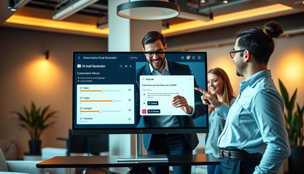 A sleek, modern workspace features a high-resolution computer screen displaying an innovative AI email assistant interface. In the foreground, a diverse group of three professionals—two men and one woman—dressed in business attire, enthusiastically interact with the customization features of the email generator. The middle ground showcases visual elements like sliders, color palettes, and toggle switches representing customization options, all designed with a user-friendly interface. The background is softly illuminated with warm, ambient light, creating an inviting atmosphere. The room is decorated with sleek furniture and potted plants to enhance the contemporary vibe. The overall mood conveys a sense of productivity and excitement about innovative technology that improves email communication.