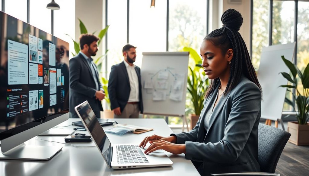 A sleek, modern workspace featuring a diverse group of professionals engaged in discussions about AI email generators. In the foreground, a diverse young woman in smart business attire types on a laptop, her expression focused and engaged. Surrounding her are visuals of email templates and data analytics displayed on screens. In the middle ground, two colleagues—one man and one woman—are standing by a whiteboard, pointing at a flowchart showcasing successful AI applications in email. The background features large windows letting in soft, natural light, illuminating the vibrant office environment filled with greenery. The atmosphere conveys innovation and collaboration, with a warm, inspiring vibe that highlights the potential of AI in email communication. The image is captured at a slight angle to emphasize depth. A sleek, modern workspace featuring a diverse group of professionals engaged in discussions about AI email generators. In the foreground, a diverse young woman in smart business attire types on a laptop, her expression focused and engaged. Surrounding her are visuals of email templates and data analytics displayed on screens. In the middle ground, two colleagues—one man and one woman—are standing by a whiteboard, pointing at a flowchart showcasing successful AI applications in email. The background features large windows letting in soft, natural light, illuminating the vibrant office environment filled with greenery. The atmosphere conveys innovation and collaboration, with a warm, inspiring vibe that highlights the potential of AI in email communication. The image is captured at a slight angle to emphasize depth.