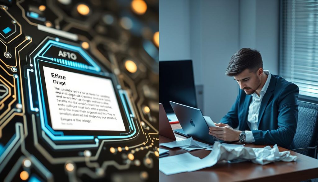 A split-screen image comparing artificial intelligence and human email composition limitations. On the left, a sleek, modern AI interface with glowing circuits and a digital email draft, radiating cool blue and silver tones. It should exhibit a sense of complexity and high technology. On the right, a human writer at a desk, focused, wearing business casual attire. They have a notepad and a laptop, with crumpled papers around them, illustrating the struggles of composition. Soft, warm lighting highlights the human element, contrasted by the cooler, clinical light on the AI side. The overall mood conveys a tension between innovation and human creativity, emphasizing the challenges faced by AI in replicating human nuance. A split-screen image comparing artificial intelligence and human email composition limitations. On the left, a sleek, modern AI interface with glowing circuits and a digital email draft, radiating cool blue and silver tones. It should exhibit a sense of complexity and high technology. On the right, a human writer at a desk, focused, wearing business casual attire. They have a notepad and a laptop, with crumpled papers around them, illustrating the struggles of composition. Soft, warm lighting highlights the human element, contrasted by the cooler, clinical light on the AI side. The overall mood conveys a tension between innovation and human creativity, emphasizing the challenges faced by AI in replicating human nuance.