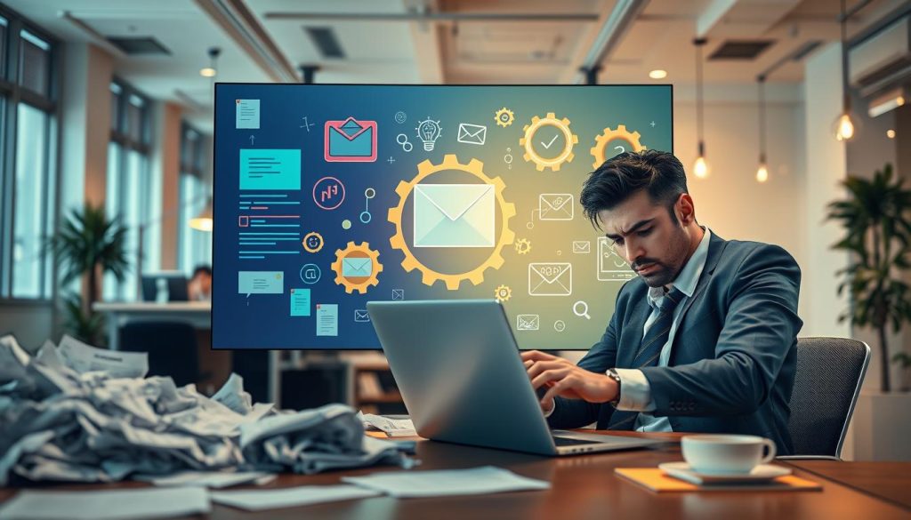 A split-screen image illustrating the challenges and solutions of smart email composition. In the foreground, on the left, a frustrated professional in business attire sits at a desk cluttered with crumpled papers and a laptop displaying complex email drafts, reflecting the challenges of composing effective emails. The middle section showcases a large digital screen with bright, creative visual tools like algorithms and checklist icons symbolizing solutions for email generation, surrounded by gears and lightbulbs. In the background, a calm office environment with soft, warm lighting emanates a productive atmosphere, highlighting a contrasting sense of clarity and innovation. The perspective is slightly above eye level, creating an engaging view for the audience. A split-screen image illustrating the challenges and solutions of smart email composition. In the foreground, on the left, a frustrated professional in business attire sits at a desk cluttered with crumpled papers and a laptop displaying complex email drafts, reflecting the challenges of composing effective emails. The middle section showcases a large digital screen with bright, creative visual tools like algorithms and checklist icons symbolizing solutions for email generation, surrounded by gears and lightbulbs. In the background, a calm office environment with soft, warm lighting emanates a productive atmosphere, highlighting a contrasting sense of clarity and innovation. The perspective is slightly above eye level, creating an engaging view for the audience.