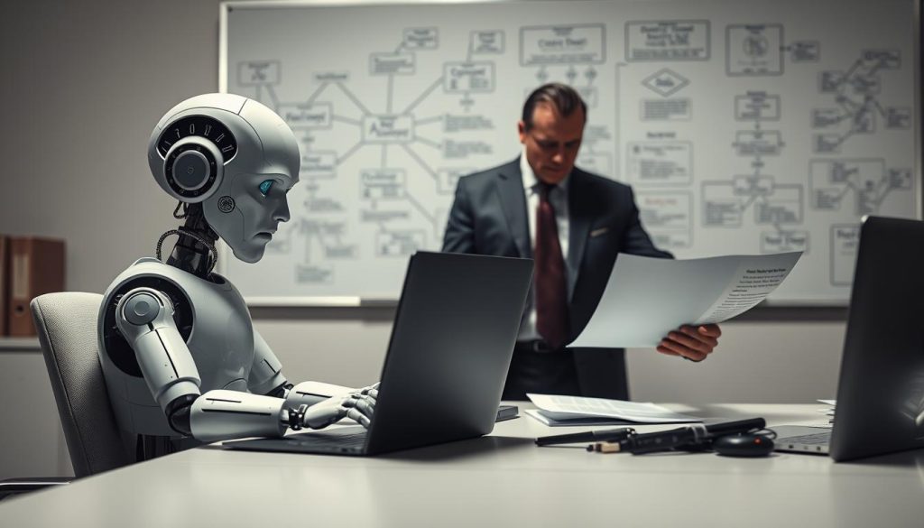 A surreal office scene depicting the limitations of AI in emotional intelligence and authentic communication. In the foreground, a humanoid robot sitting at a desk, typing on a laptop with a puzzled expression, highlighting its struggle to grasp human emotions. In the middle ground, a person in professional business attire, looking frustrated as they read a printed email with confusing phrasing. The background shows a whiteboard filled with mind maps and flowcharts that represent complex human emotions and communication subtleties. Soft, diffused lighting creates a melancholic atmosphere, with shadows softly blending to evoke a sense of disconnect. The angle is slightly tilted to emphasize the disparity between human intuition and AI's mechanical nature.