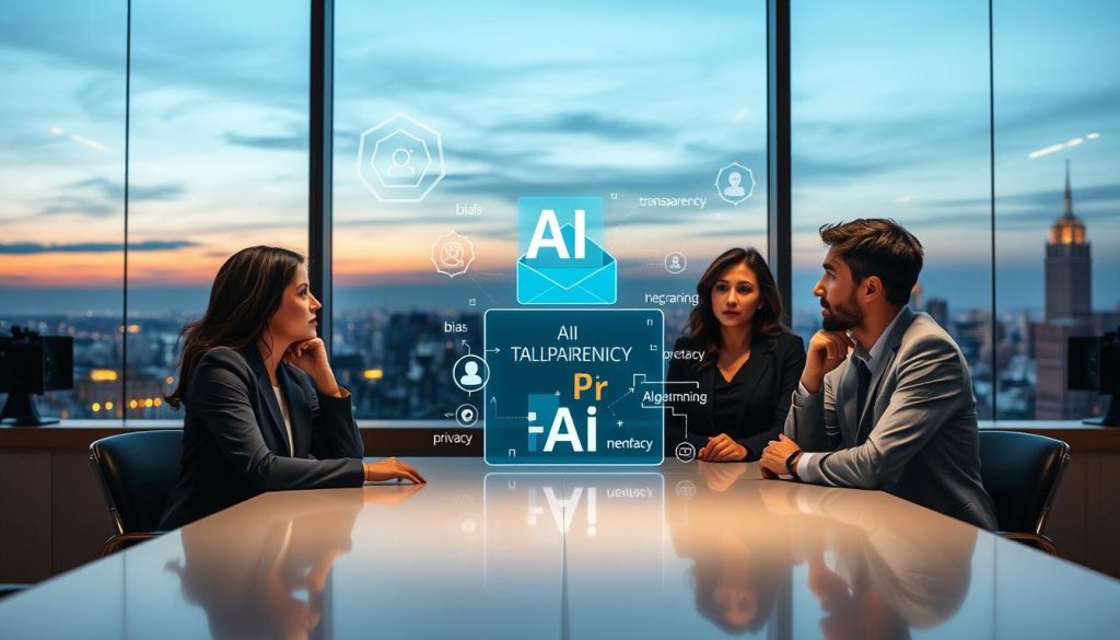 A thoughtful scene illustrating ethical considerations in AI email communication. In the foreground, a diverse group of three professionals in business attire discuss around a sleek conference table, their expressions reflecting contemplation and concern. In the middle ground, a digital display shows abstract representations of AI algorithms and ethical keywords like "transparency," "bias," and "privacy." Behind them, a large window reveals a serene office skyline at dusk, with warm, soft lighting filtering in to create an inviting atmosphere. The image should evoke a sense of responsibility and collaboration, with a modern lens angle that captures both the professionals and the technological elements harmoniously, ensuring a clear focus on the ethical dimensions of AI in communication. A thoughtful scene illustrating ethical considerations in AI email communication. In the foreground, a diverse group of three professionals in business attire discuss around a sleek conference table, their expressions reflecting contemplation and concern. In the middle ground, a digital display shows abstract representations of AI algorithms and ethical keywords like "transparency," "bias," and "privacy." Behind them, a large window reveals a serene office skyline at dusk, with warm, soft lighting filtering in to create an inviting atmosphere. The image should evoke a sense of responsibility and collaboration, with a modern lens angle that captures both the professionals and the technological elements harmoniously, ensuring a clear focus on the ethical dimensions of AI in communication.
